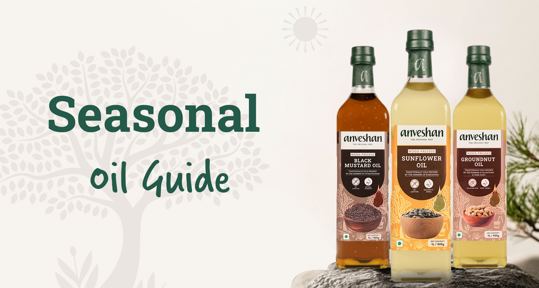 Anveshan wood pressed oils including mustard, sunflower, and groundnut bottles