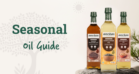 Anveshan wood pressed oils including mustard, sunflower, and groundnut bottles