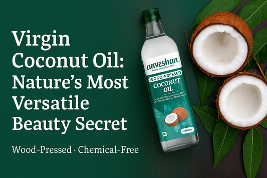 Virgin coconut oil bottle with coconuts — wood-pressed, chemical-free beauty care