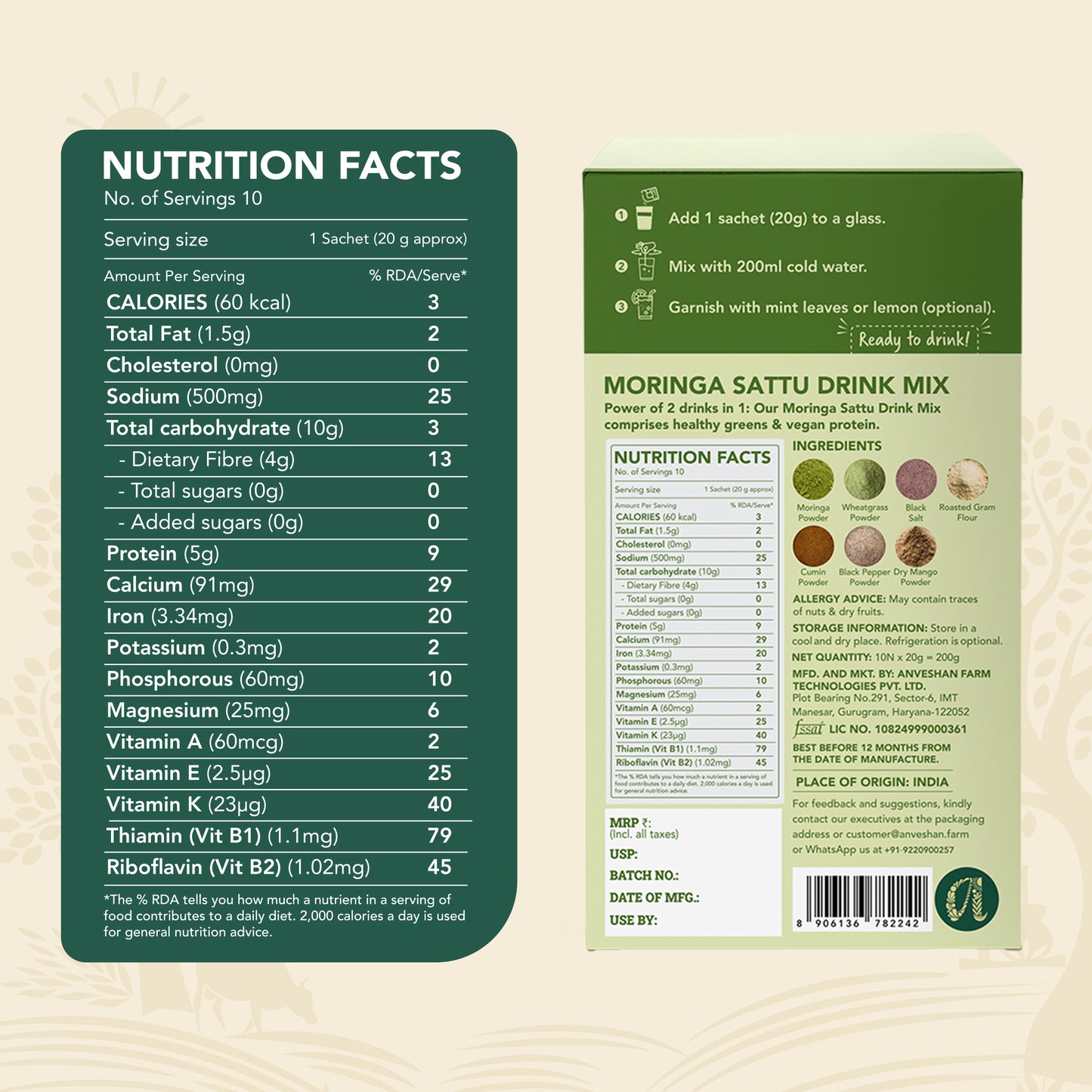 Moringa Sattu Drink Mix (10 Sachets) | Jaljeera Flavour