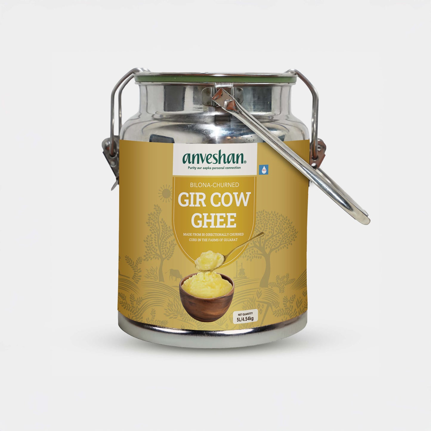 a2 gir cow ghee bilona churned in metal container by anveshan