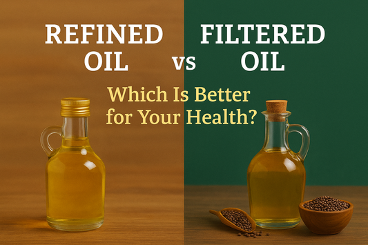 Refined oil and filtered oil bottles side by side with mustard seeds.