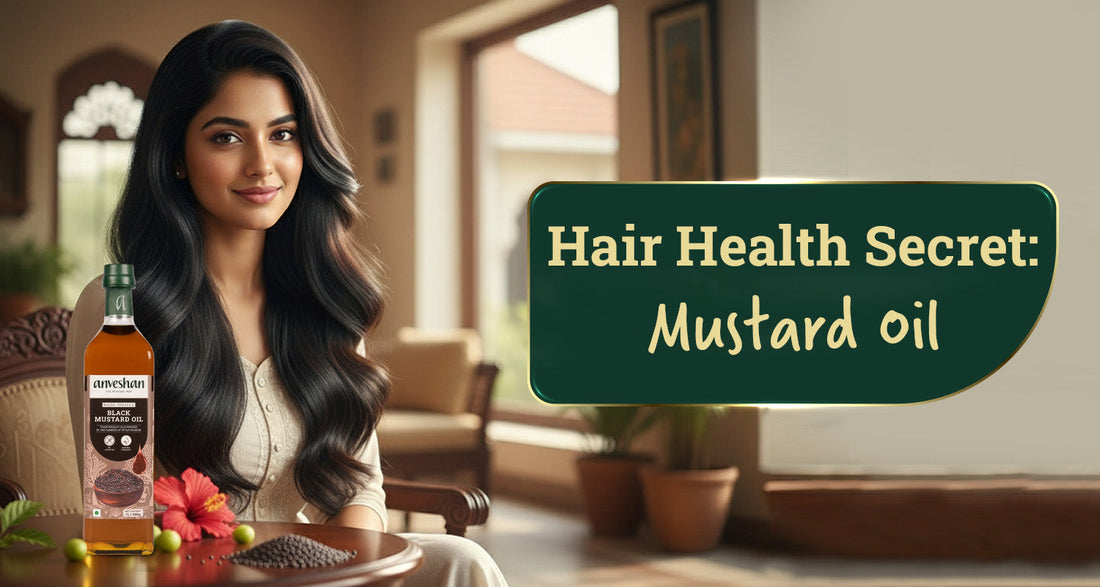 mustard oil for hair benefits with long healthy hair and oil bottle