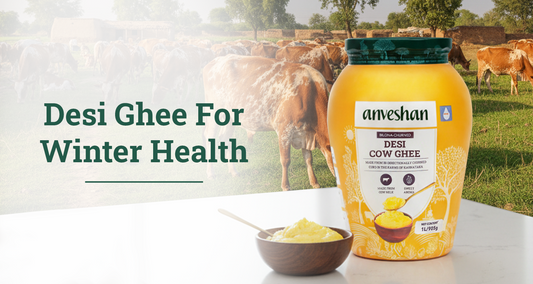 Anveshan desi cow ghee jar with bowl of ghee and cows in background