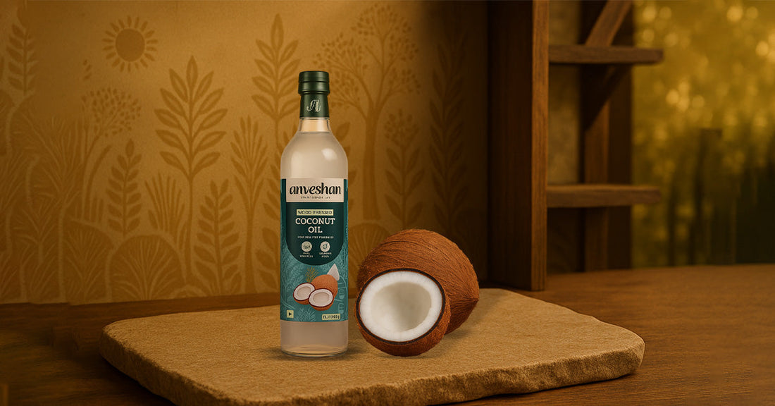 Anveshan coconut oil for face with halved coconut on rustic background