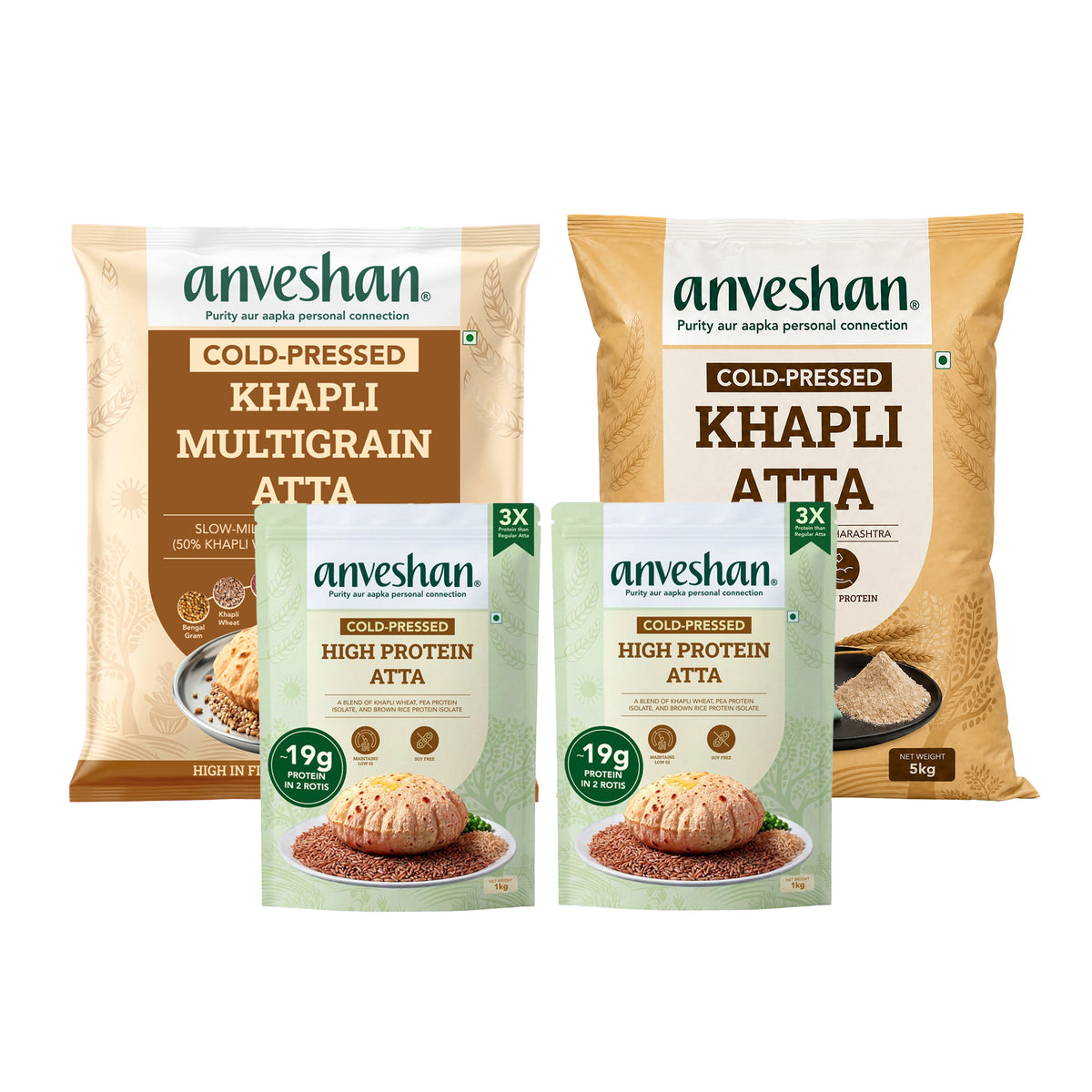 High Protein Atta 1kg (Pack of 2) + Khapli Atta 2kg + Khapli Multigrain Atta 2kg — Family Pack of 4