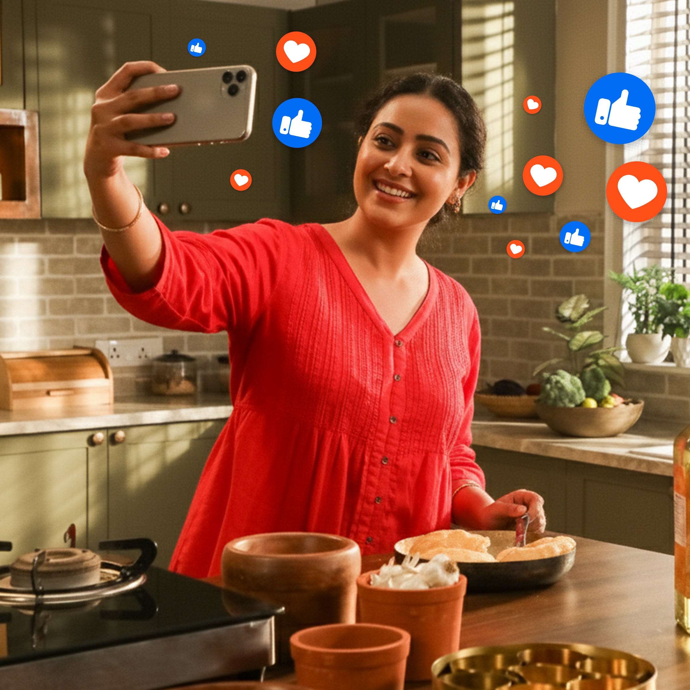 Content creator showing their phone with social media reactions